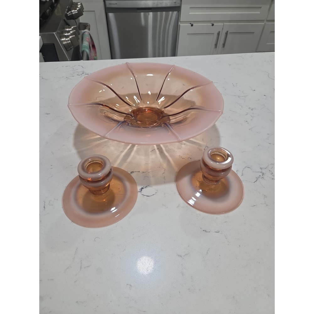 Fenton Cameo Opalescent Pink Compote & Candle holder Set 1920s Interior